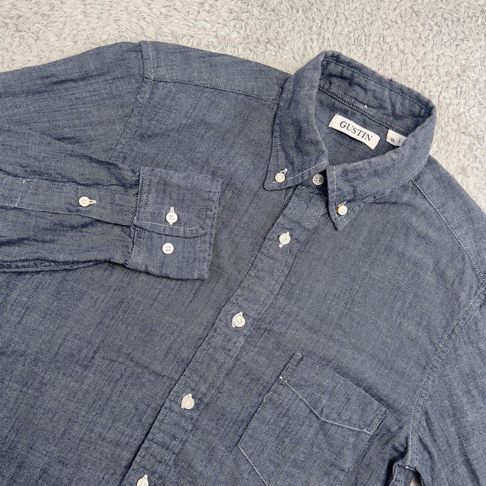 Gustin Shirt Mens S Blue‎ Chambray Button Down Slim Fit Made In USA Cotton